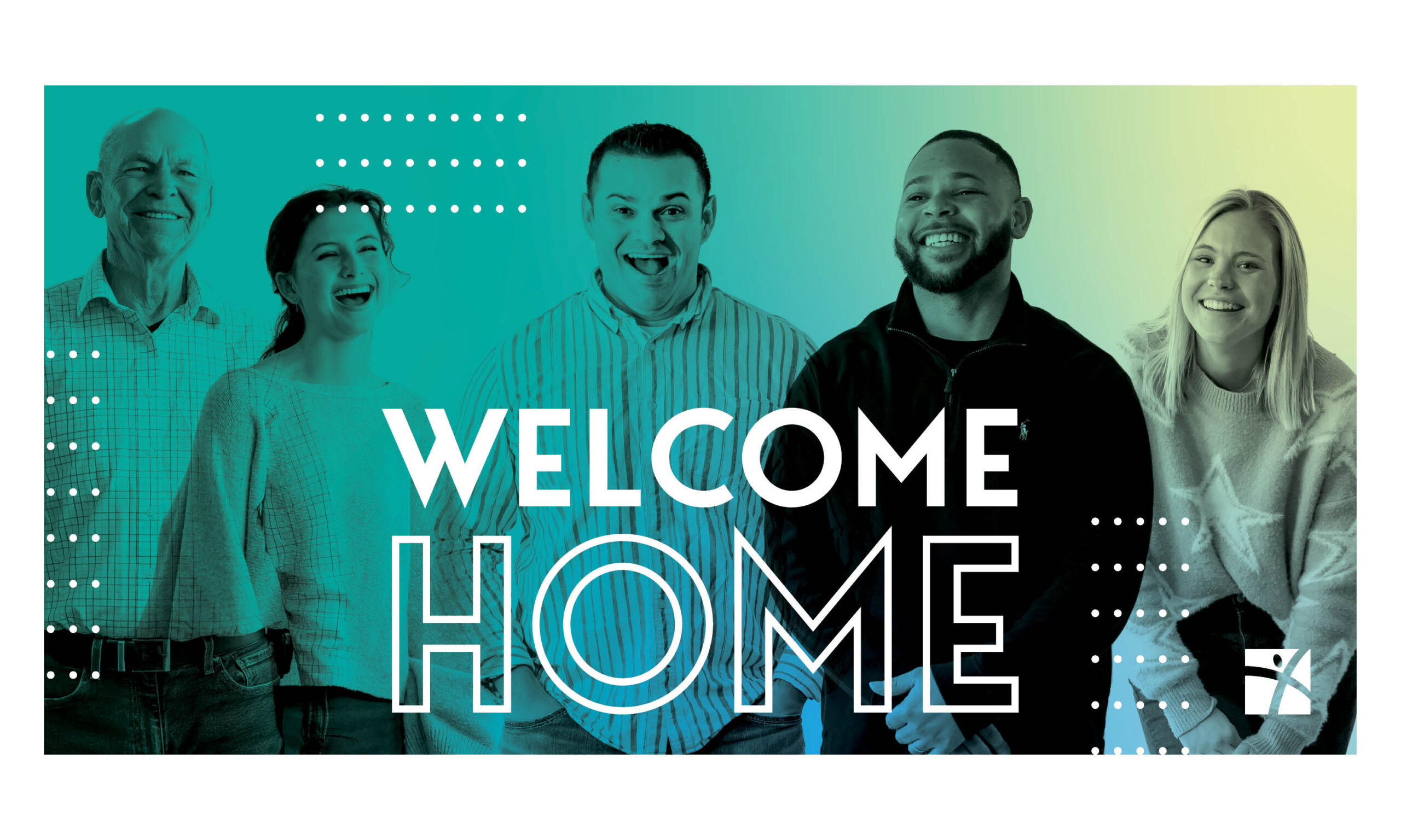 “Welcome Home” church campaign banner with a teal duotone group photograph