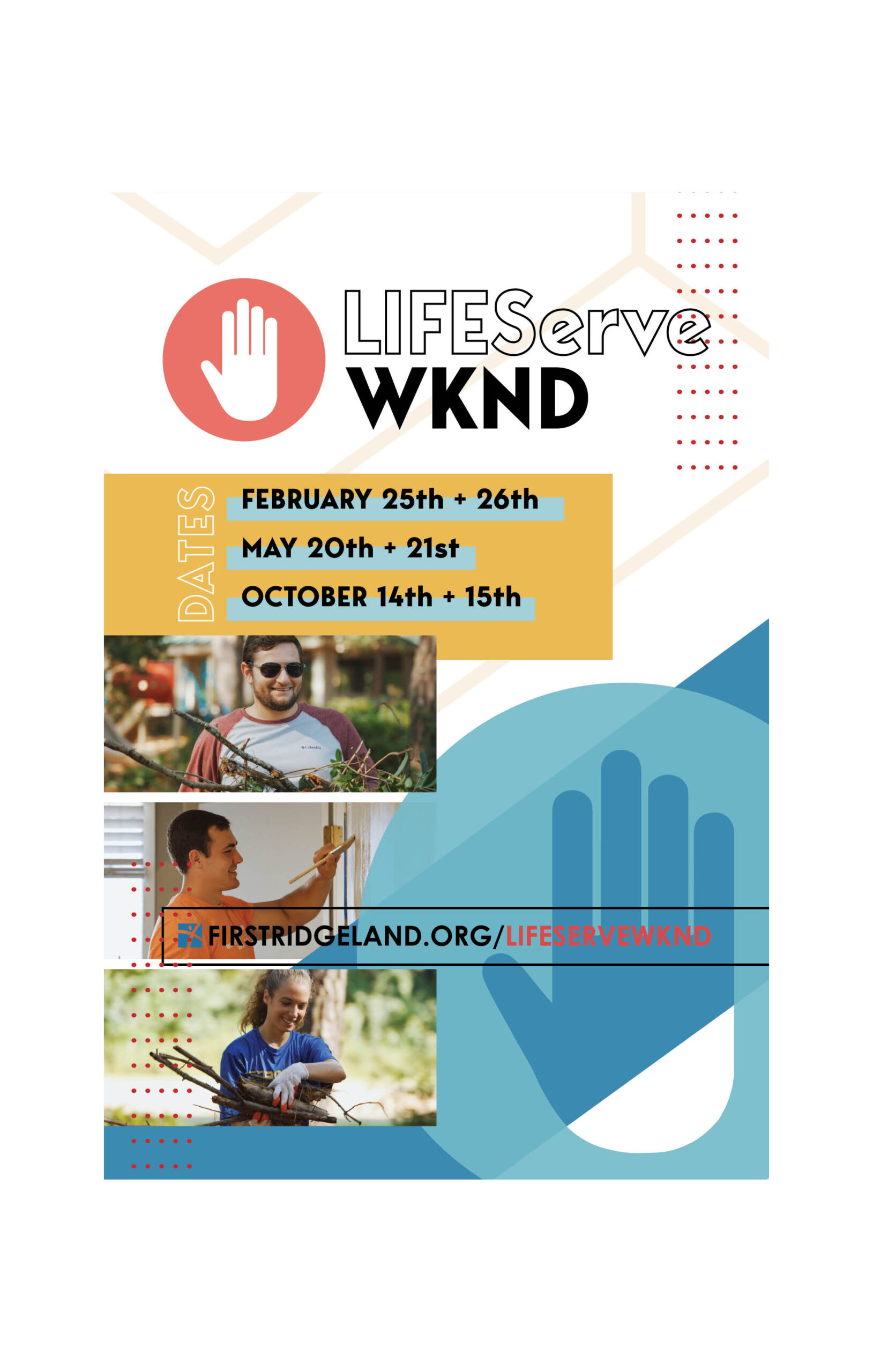LIFEServe WKND event poster with dated schedule blocks and collage photography