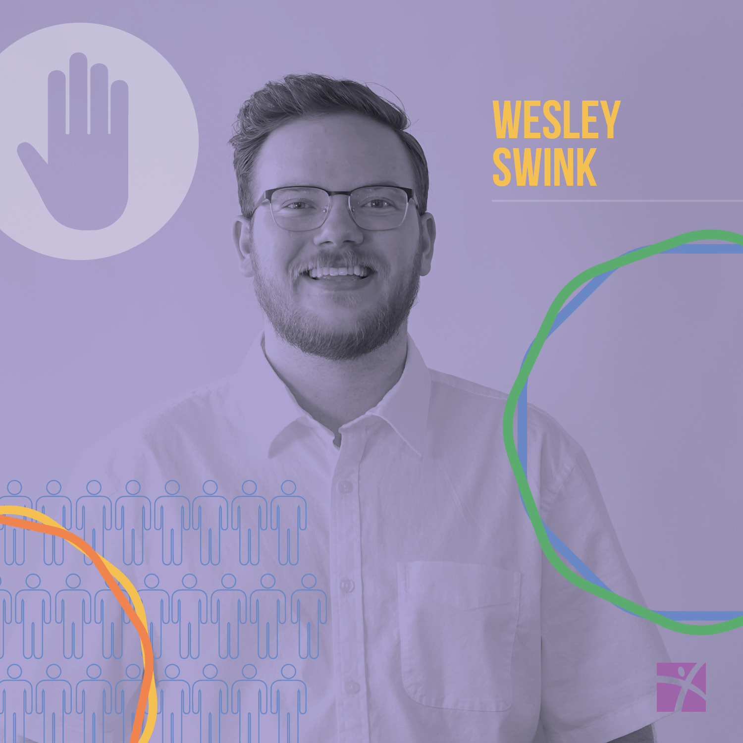 Speaker graphic for Wesley Swink with a lavender duotone portrait
